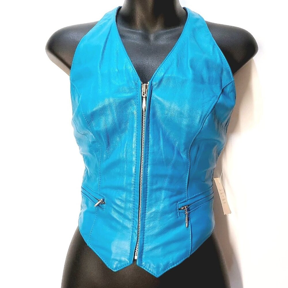 WILSON LEATHER Turquoise Blue Halter Top VINTAGE Zip-Up Vest Biker Babe Top, SM